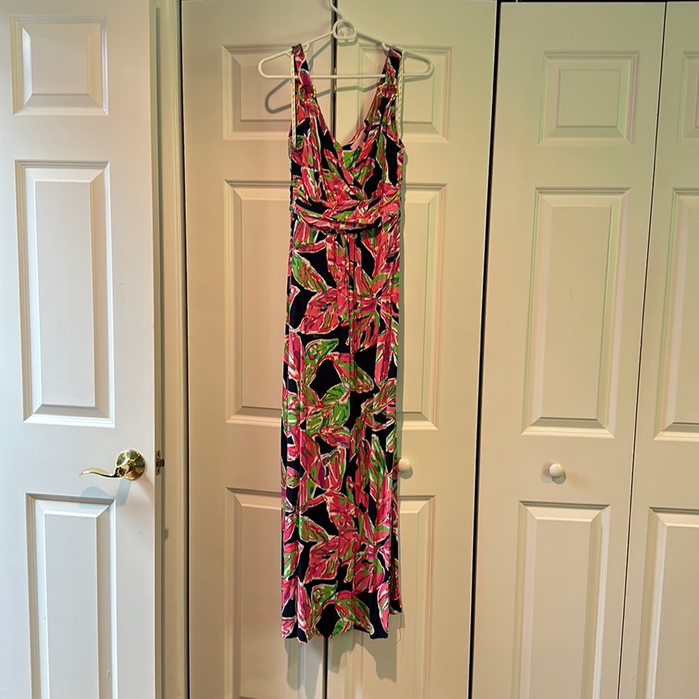 Lilly Pulitzer maxi dress, navy with pink flowers